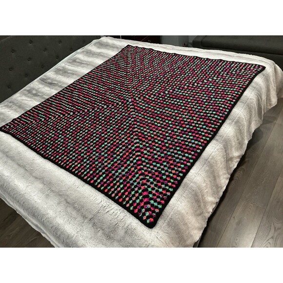 Handmade Afghan Crochet Blanket  58"x54" Retro Neon Black Cottage - Picture 4 of 4